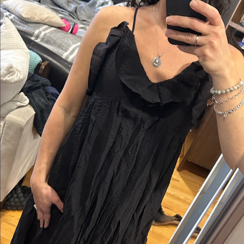 Zara Black Ruffled V-Neck Maxi Dress